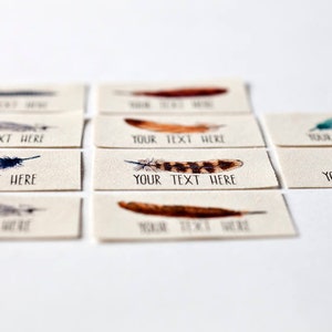 Watercolor Feather Sewing Labels - Personalized Tags on Soft Organic Cotton For Handmade Items, Hand-wovens, or Hand Knits