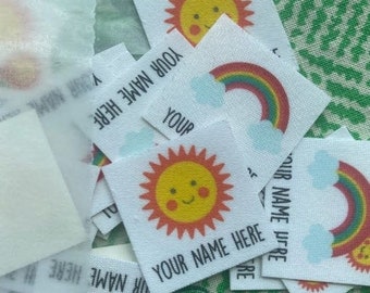 75 Rainbows and Sunshine Personalized Name Labels - children's clothing tags, iron on, organic cotton