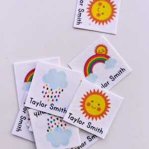 75 etichette con nome personalizzate Arcobaleno e sole - etichette per abbigliamento per bambini, termoadesive, cotone organico