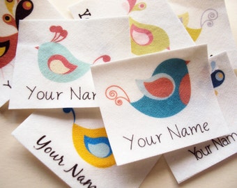 Kids Name Tags - 40 personalized iron on name labels with birds