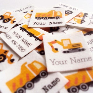 75 Kid's Clothes Labels, organic iron on name tags with trucks, adhesive image 2