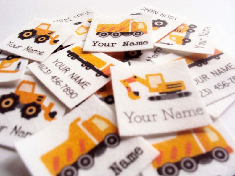 75 Kid's Clothes Labels, organic iron on name tags with trucks, adhesive image 2