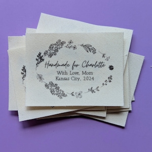 Organic Cotton Sewing Labels - Botanical Wreath and Personalized Text - Custom Tags for handmade items