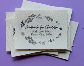 Organic Cotton Sewing Labels - Botanical Wreath and Personalized Text - Custom Tags for handmade items