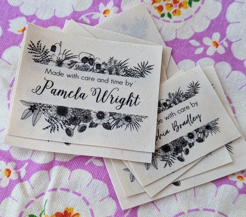 Set of 16 Modern Floral Frame Sewing Labels Personalized Organic Cotton Tags for Handmade Items image 3