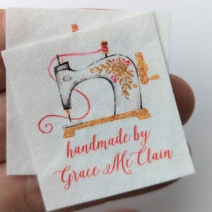Personalized Fabric Labels for Handmade Items, 100% Cotton, Watercolor Sewing Designs, set of 33