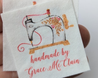 Personalized Fabric Labels for Handmade Items, 100% Cotton, Watercolor Sewing Designs, set of 33