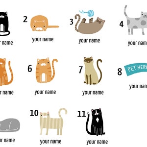 Puede incluir: Una colecci&oacute;n de once ilustraciones de gatos de dibujos animados en varias poses y colores, incluyendo negro, naranja, gris y beige. Cada gato tiene el texto "your name" debajo, y uno tiene una pancarta que dice "PET HERE".