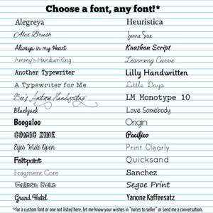 Puede incluir: Un papel con l&iacute;neas azules muestra una variedad de estilos de fuente, incluyendo "Alegreya" y "Alex Brush". El texto "Choose a font, any font!" est&aacute; en la parte superior. La imagen anima a solicitar fuentes personalizadas.
