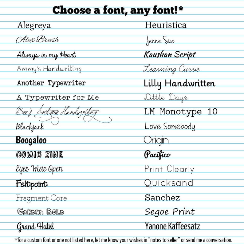 Puede incluir: Un papel con l&iacute;neas azules muestra una variedad de estilos de fuente, incluyendo "Alegreya" y "Alex Brush". El texto "Choose a font, any font!" est&aacute; en la parte superior. La imagen anima a solicitar fuentes personalizadas.