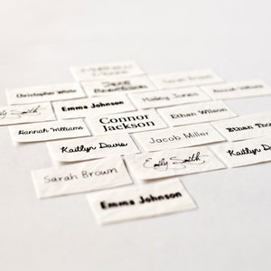 May include: A collection of white paper tags with black handwritten names, including Emma Johnson, Connor Jackson, Ethan Wilson, Jacob Miller, Kaitlyn Davis, Sarah Brown, and Emily Smith.
