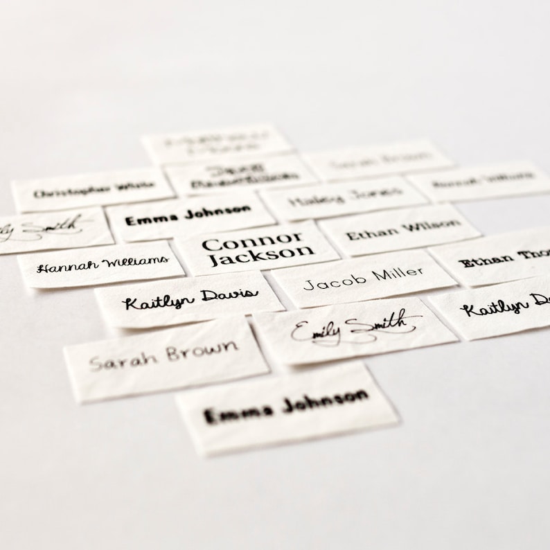May include: A collection of white paper tags with black handwritten names, including Emma Johnson, Connor Jackson, Ethan Wilson, Jacob Miller, Kaitlyn Davis, Sarah Brown, and Emily Smith.