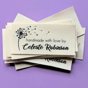Set di etichette in tessuto con motivo a dente di leone - Etichette da cucito personalizzate, per articoli fatti a mano o abbigliamento, in cotone biologico