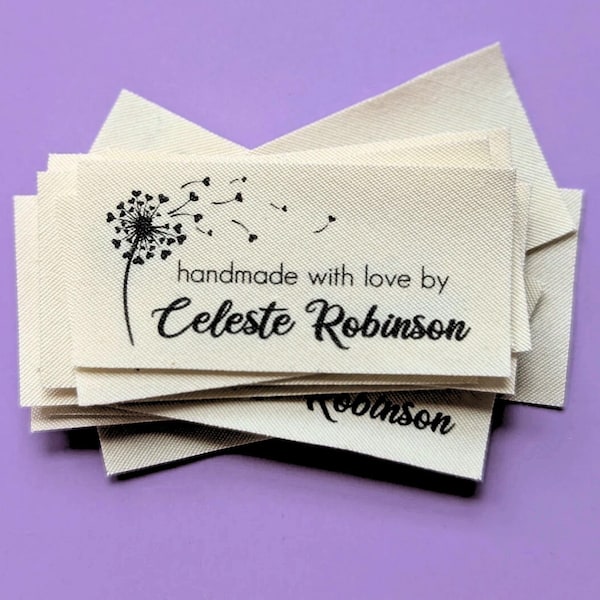 Etiquetas de tela con diseño de diente de león: etiquetas de costura personalizadas para artículos o ropa hechos a mano, de algodón orgánico.