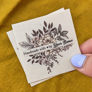 Set of 20 Botanical Iron On Labels Personalized Organic Cotton Tags for Handmade Items Natural Labels for Knitting, Sewing, or Crochet image 1