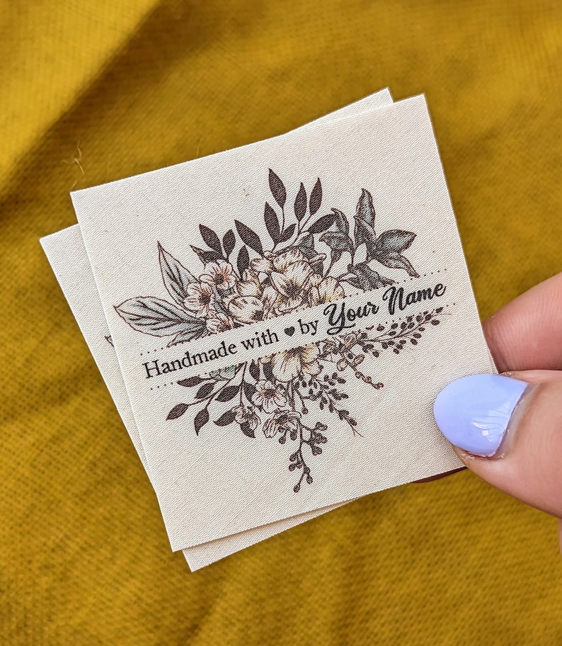 Set of 20 Botanical Iron On Labels Personalized Organic Cotton Tags for Handmade Items Natural Labels for Knitting, Sewing, or Crochet image 1