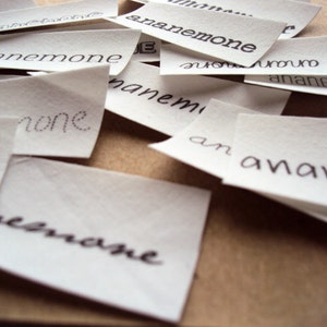 May include: A close-up of several small white pieces of paper with the word "anemone" written on them in black ink. The pieces of paper are scattered on a brown surface.