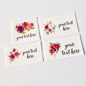 Watercolor Floral Logo Labels for Handmade Items - 100% Cotton Personalized Tags with Calligraphy Script, for Sewing Projects or Weddings