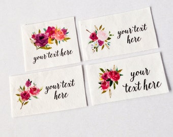 Watercolor Floral Logo Labels for Handmade Items - 100% Cotton Personalized Tags with Calligraphy Script, for Sewing Projects or Weddings