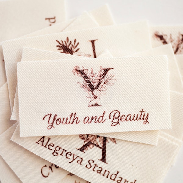 Floral Monogram Fabric Labels, organic cotton sewing tags for handmade items and clothing, customized