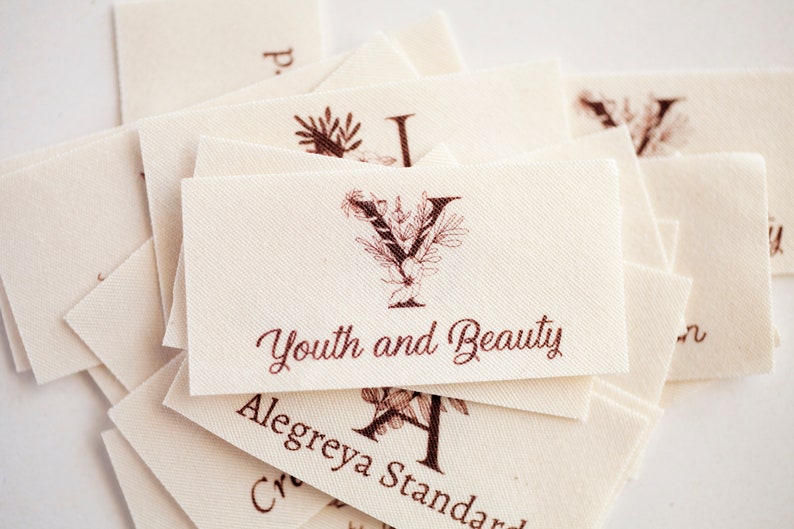 Floral Monogram Fabric Labels, organic cotton sewing tags for handmade items and clothing, customized image 1