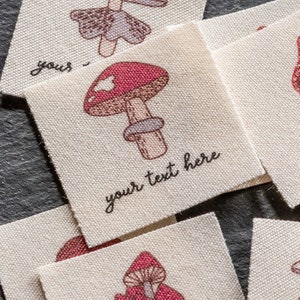 Mushroom Graphic Fabric Labels for Handmade Items - Woodland Theme Personalized Name Tags on Organic Cotton