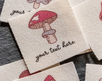 Mushroom Graphic Fabric Labels for Handmade Items - Woodland Theme Personalized Name Tags on Organic Cotton