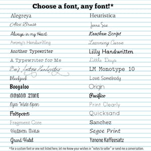May include: A list of fonts, including Alegreya, Alex Brush, Always in my Heart, Ammy's Handwriting, Another Typewriter, A Typewriter for Me, Bee's Antique Handwriting, Blackjack, Boogaloo, COMIC ZINE, Eyes Wide Open, Feltpoint, Fragment Core, GARDEN BOLD, Grand Hotel, Heuristica, Jenna Sue, Kaushan Script, Learning Curve, Lilly Handwritten, Little Days, LM Monotype 10, Love Somebody, Origin, Pacifico, Print Clearly, Quicksand, Sanchez, Segoe Print, Yanone Kaffeesatz. The text at the bottom says "*for a custom font or one not listed here, let me know your wishes in "notes to seller" or send me a conversation."