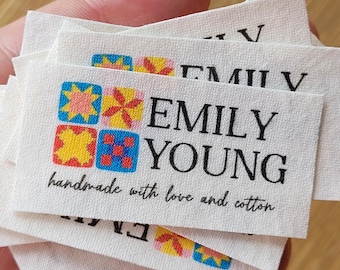 Etiquetas con el logotipo de patchwork - Algodón orgánico blanco, personalizadas, para coser en plano o plegadas