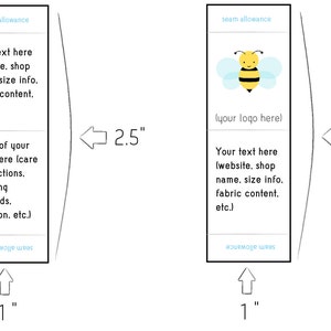 Op de afbeelding: Twee verticale bedrukbare kledinglabels met een bijenlogo, tekst en naai-instructies. De labels zijn 2,5 inch breed en 1 inch hoog.