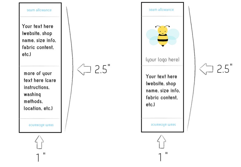 Op de afbeelding: Twee verticale bedrukbare kledinglabels met een bijenlogo, tekst en naai-instructies. De labels zijn 2,5 inch breed en 1 inch hoog.