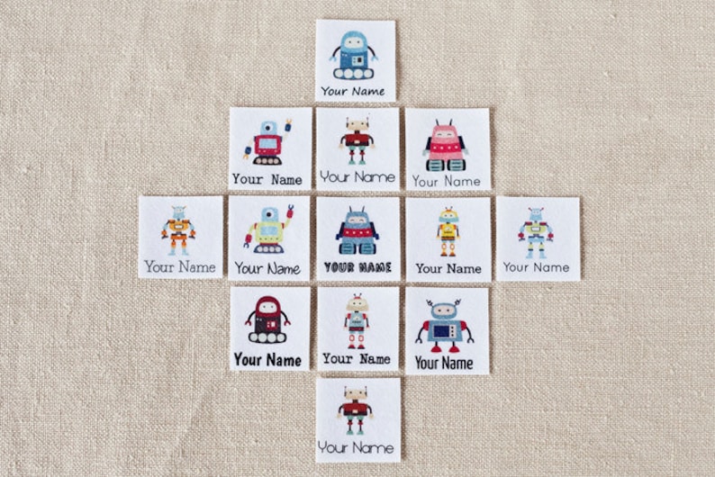 Personalized Iron On Name Tags with Robots Children/'s Clothing Labels back to school