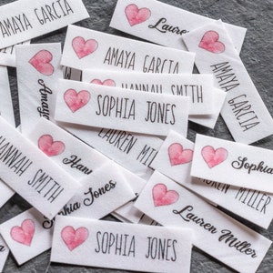 50 Iron On Personalized Clothing Labels with Watercolor Hearts (custom name tags handmade items)