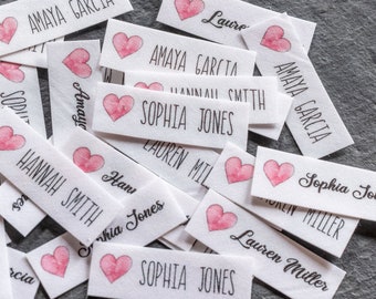 50 Iron On Personalized Clothing Labels with Watercolor Hearts (custom name tags handmade items)