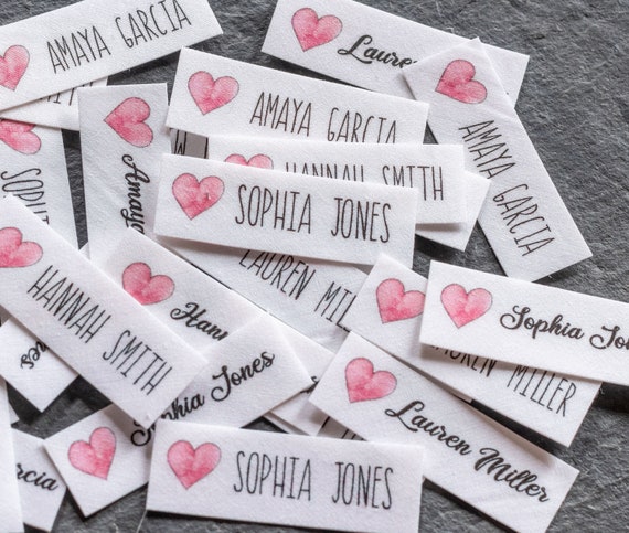 50 Iron on Personalized Clothing Labels With Watercolor Hearts custom Name  Tags Handmade Items 