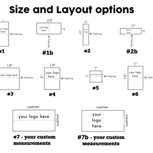 Puede incluir: Diagrama que muestra diferentes tama&ntilde;os y dise&ntilde;os para un dise&ntilde;o de logotipo personalizado. Las opciones incluyen un rect&aacute;ngulo de 2,5 pulgadas por 1 pulgada, un cuadrado de 1,5 pulgadas por 1,5 pulgadas y un rect&aacute;ngulo de 5 pulgadas por 1,5 pulgadas. El diagrama tambi&eacute;n incluye una opci&oacute;n de tama&ntilde;o personalizado.
