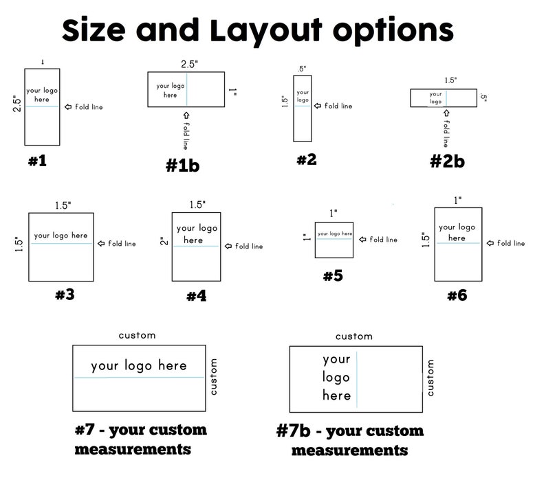 Puede incluir: Diagrama que muestra diferentes tama&ntilde;os y dise&ntilde;os para un dise&ntilde;o de logotipo personalizado. Las opciones incluyen un rect&aacute;ngulo de 2,5 pulgadas por 1 pulgada, un cuadrado de 1,5 pulgadas por 1,5 pulgadas y un rect&aacute;ngulo de 5 pulgadas por 1,5 pulgadas. El diagrama tambi&eacute;n incluye una opci&oacute;n de tama&ntilde;o personalizado.