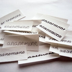 May include: A pile of white paper scraps with the word "anemone" written on each one in black ink. The word is spelled differently on each scrap, with some variations in the lettering.