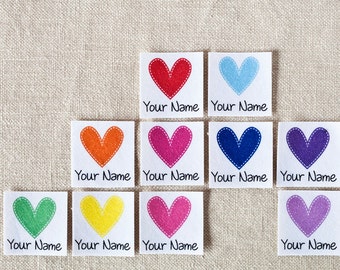 75 Iron On Personalized Clothing Labels for Kids with Rainbow Hearts (custom name tags for face masks)