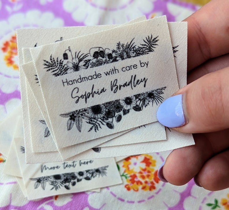 Set of 16 Modern Floral Frame Sewing Labels Personalized Organic Cotton Tags for Handmade Items Moontime