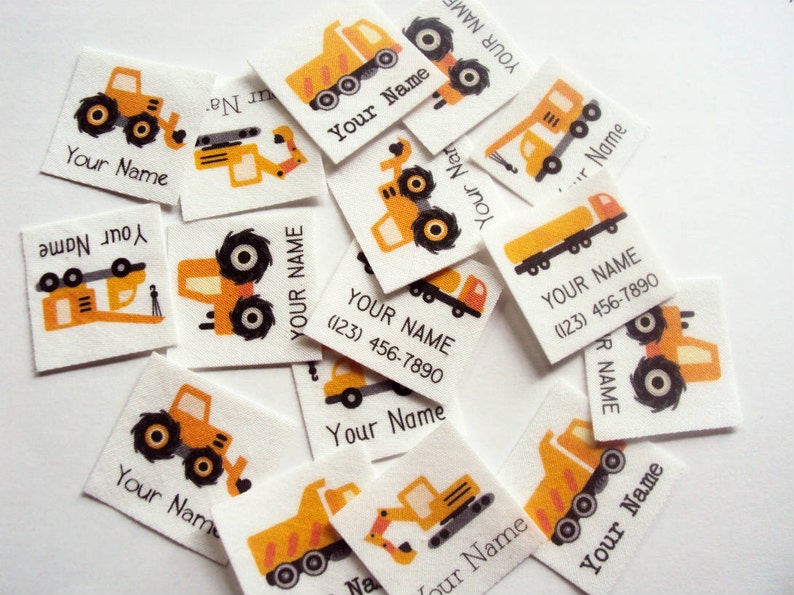 75 Kid's Clothes Labels, organic iron on name tags with trucks, adhesive image 1