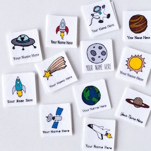 Children's Clothing Name Labels Custom Iron On Name Tags with Outer Space Designs 画像 1