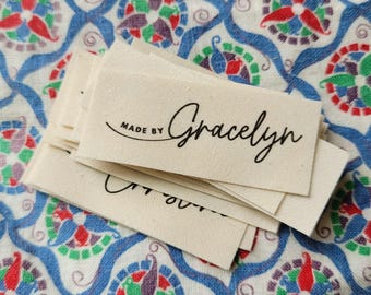 Set of 25 Signature Swoop Labels - organic cotton fabric tags for handmade items, sew on or iron on