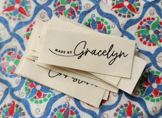 Set of 25 Signature Swoop Labels - organic cotton fabric tags for handmade items, sew on or iron on