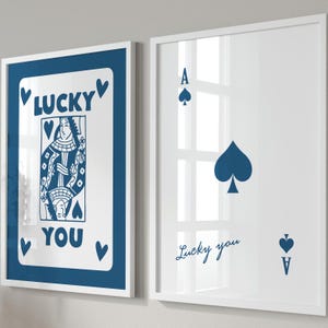 Set di 2 stampe murali retrò alla moda, poster Lucky You, stampa estetica, carte da gioco blu e bianche, poster Black Ace, decorazione retrò per la casa