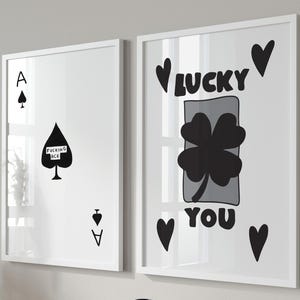 Set di 2 stampe murali retrò alla moda, poster Lucky You, stampa estetica, carte da gioco in bianco e nero, poster Black Ace, decorazione retrò per la casa
