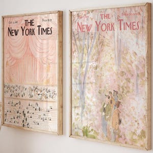 Set di stampe della copertina della rivista del New York Times, arte murale rosa tenue di New York, poster retrò di New York, decorazione alla moda della copertina della rivista retrò per la casa
