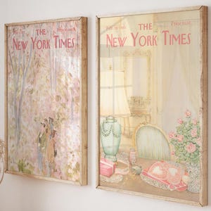 Juego de 2 pósteres de Nueva York en rosa suave, arte mural retro de Nueva York, impresiones vintage del New York Times, decoración de portada de revista retro de moda para el hogar.