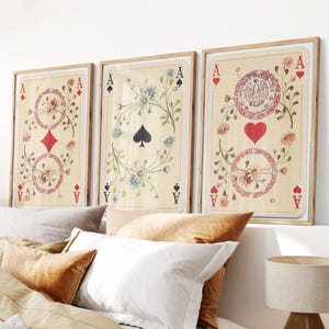 Trendiges Retro Spielkarten Wand Kunst Set 3er-Set, Lucky You Poster, Vintage Ace Kartendrucke, Floral Poker Decor für Spielzimmer oder Wohnzimmer
