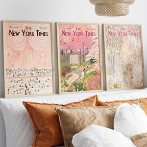 Lot de 3 affiches de couverture New York, art mural new-yorkais rétro tendance, impressions rose pâle du New York Times, impressions d'art de couverture de magazine new-yorkais vintage
